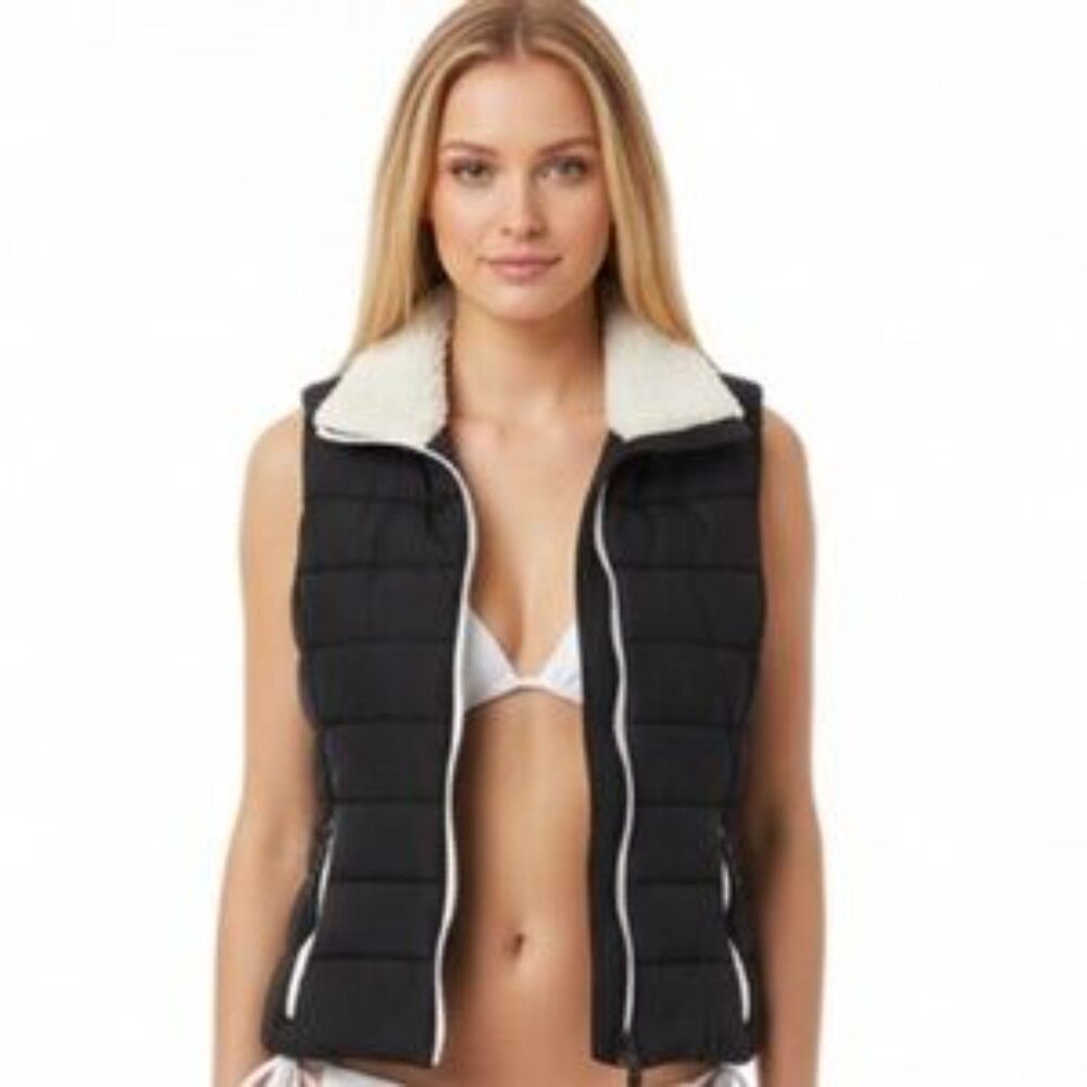 Calvin Klein Black & Ivory Zip Sherpa Lined Quilted Puffer Vest L